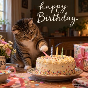 Een gestreepte kat raakt een roze kaarsje op een verjaardagstaart aan, naast een ingepakt cadeau, met de tekst happy Birthday.
