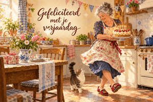 Een vrouw danst met een brandende verjaardagstaart door een keuken vol bloemen in de lente, terwijl een kat toekijkt, met de tekst Gefeliciteerd met je verjaardag.