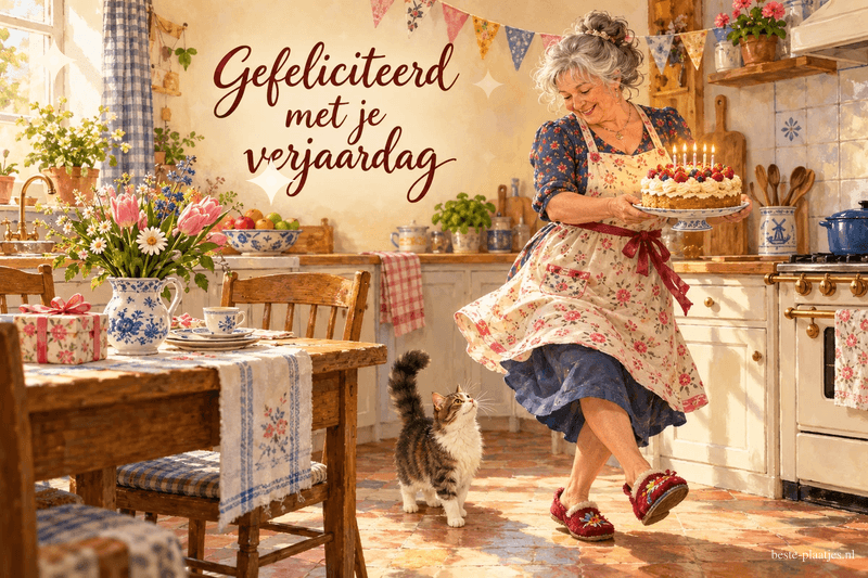 Een vrouw danst met een brandende verjaardagstaart door een keuken vol bloemen in de lente, terwijl een kat toekijkt, met de tekst Gefeliciteerd met je verjaardag.