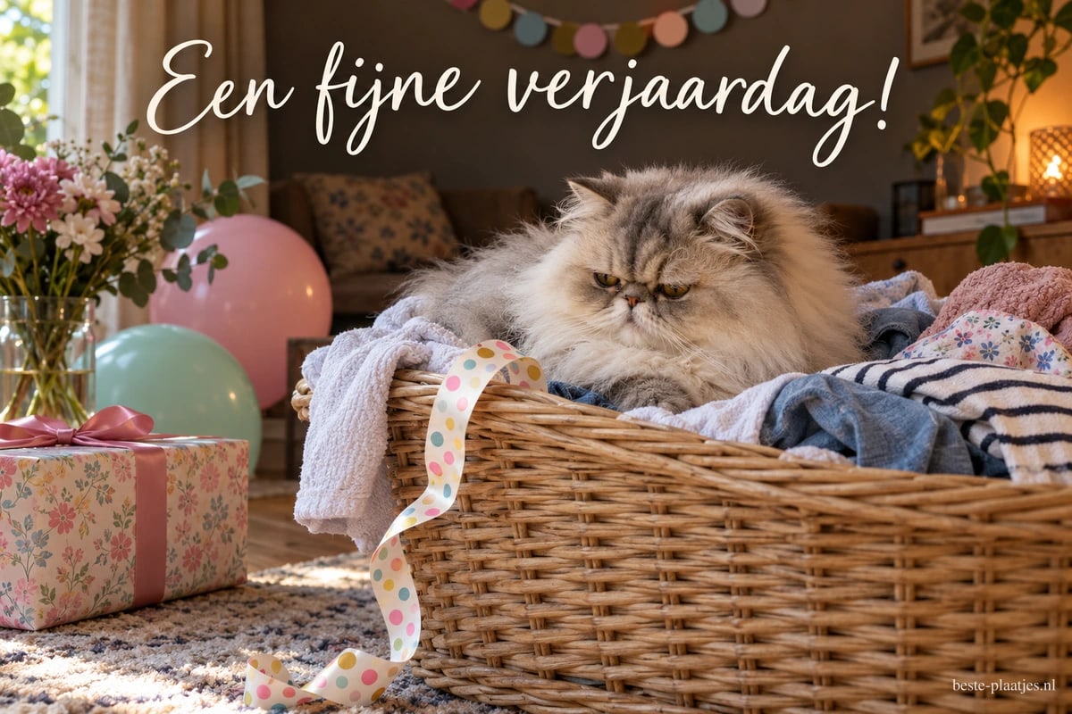Een pluizige grijze kat zit in een rieten wasmand tussen kleding, met ballonnen en een cadeau ernaast en de tekst Een fijne verjaardag!