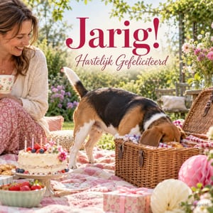 Een vrouw kijkt lachend naar een beagle die in een picknickmand snuffelt, met boven hen de tekst Jarig! Hartelijk Gefeliciteerd.