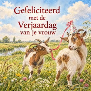 Twee geiten met een feesthoed en roze lint staan in een bloemenweide in de lente, met de tekst Gefeliciteerd met de Verjaardag van je vrouw.