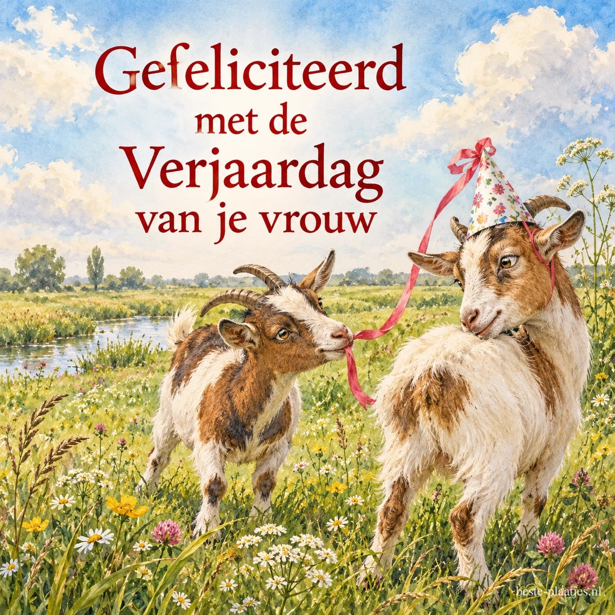 Twee geiten met een feesthoed en roze lint staan in een bloemenweide in de lente, met de tekst Gefeliciteerd met de Verjaardag van je vrouw.
