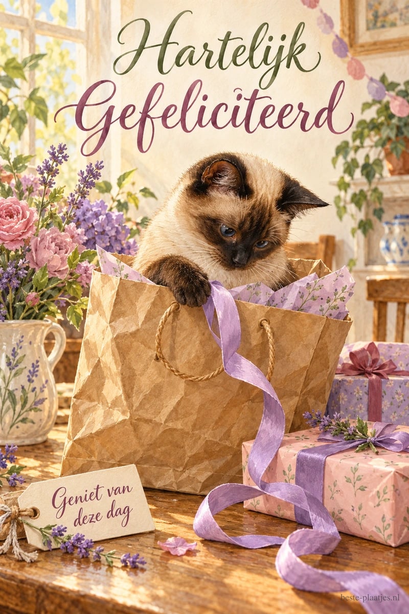 Een katje zit in een papieren tas tussen cadeaus en bloemen, met de teksten Hartelijk Gefeliciteerd en Geniet van deze dag.