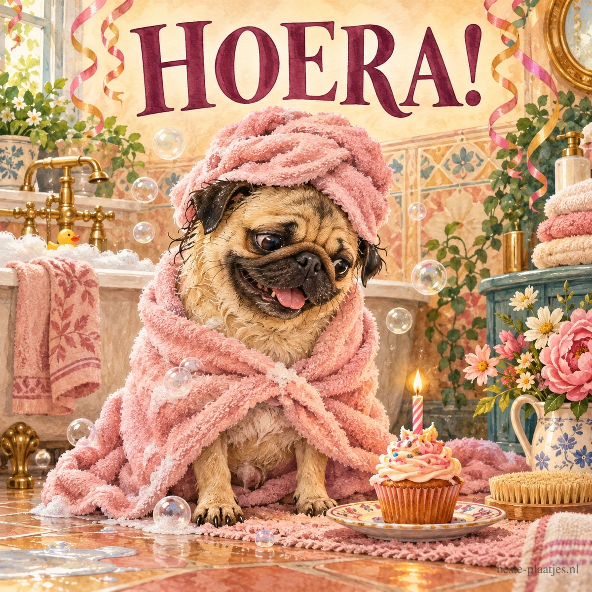 Een mopshond met een roze handdoek op zijn kop zit tussen zeepbellen bij een cupcake met brandend kaarsje, onder de tekst HOERA!