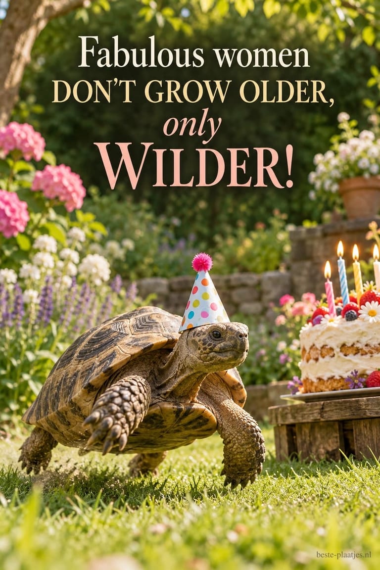 Een schildpad met een feesthoedje loopt door het gras naast een verjaardagstaart, met de tekst Fabulous women DON'T GROW OLDER, only WILDER!