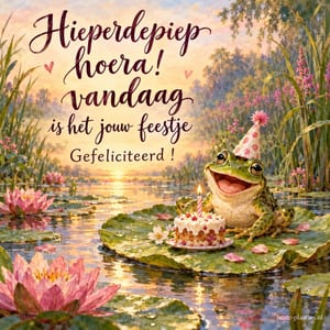 Een kikker viert feest op een lelieblad bij zonsondergang in de zomer, met de tekst Hieperdepiep hoera! vandaag is het jouw feestje Gefeliciteerd !