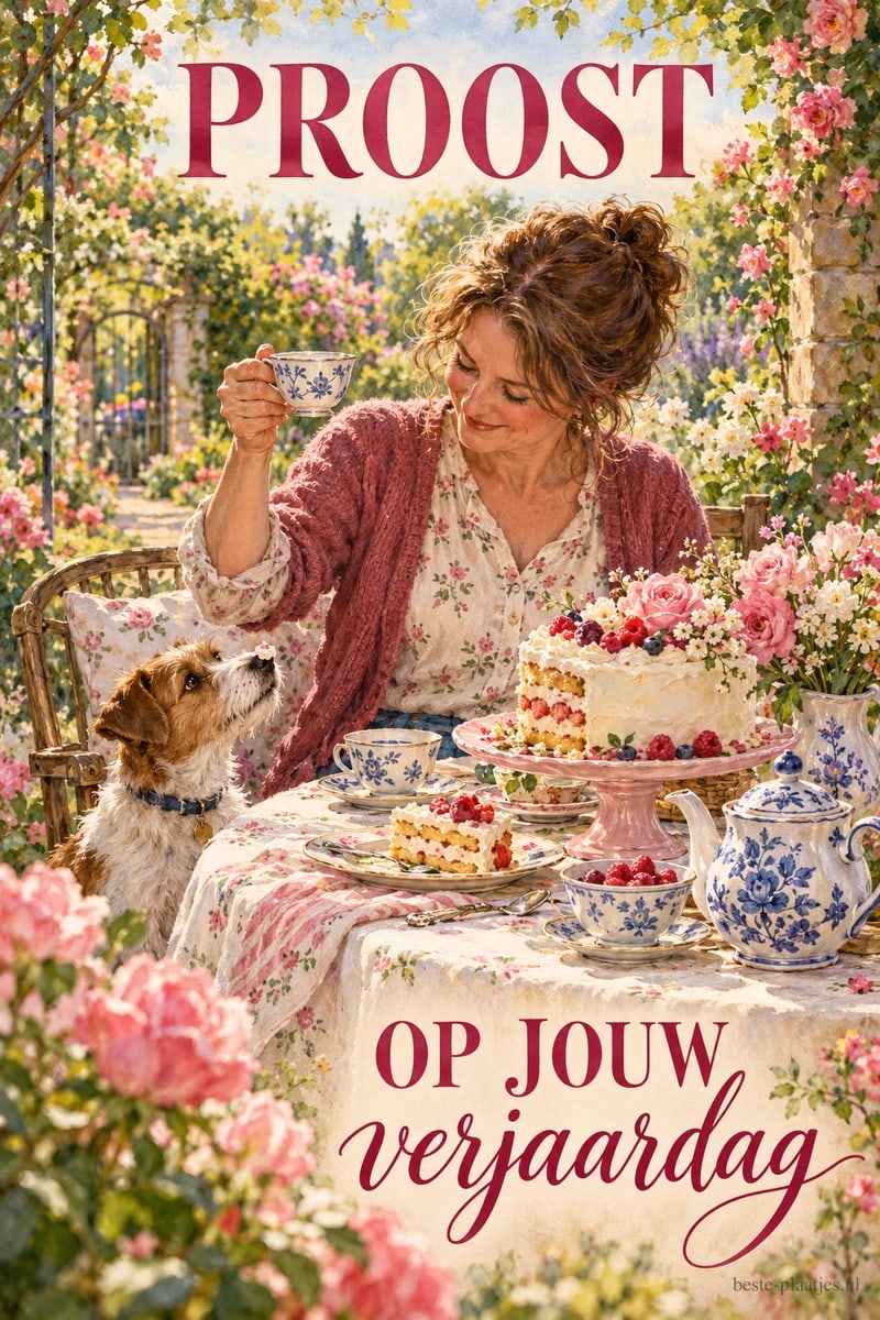 Een vrouw heft haar theekopje aan een gedekte tuintafel met taart, terwijl een hond opkijkt, met de tekst PROOST OP JOUW verjaardag.
