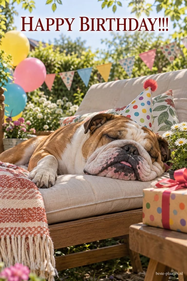 Een slapende buldog met een feesthoedje ligt op een tuinbank tussen ballonnen, slingers en cadeaus, met bovenaan de tekst HAPPY BIRTHDAY!!!