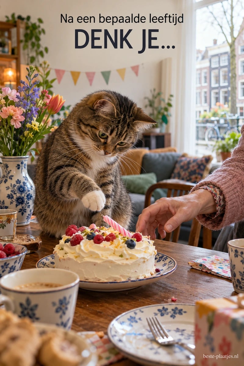 Een kat steekt zijn poot naar een verjaardagstaart naast een roze tulp, met de tekst Na een bepaalde leeftijd DENK JE...