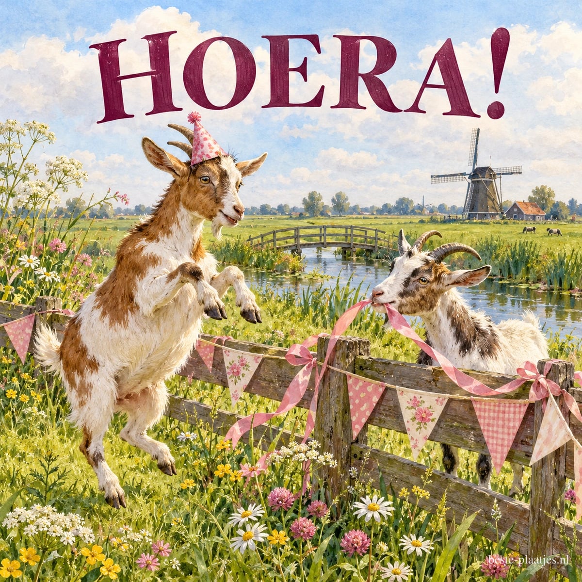 Een geit met feesthoed springt in een bloemenweide in de lente, terwijl een andere aan een lint knabbelt, met de tekst HOERA!