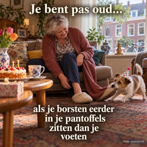 Naast een tulp en verjaardagstaart trekt een hondje aan een pantoffel, bij de tekst Je bent pas oud... als je borsten eerder in je pantoffels zitten dan je voeten.