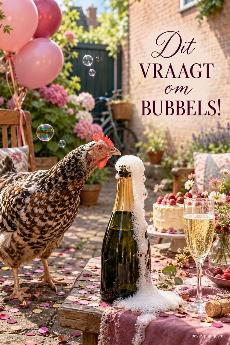 Een kip staat bij een overschuimende fles en een gevuld glas in een feestelijke tuin in de zomer, met de tekst Dit VRAAGT om BUBBELS!