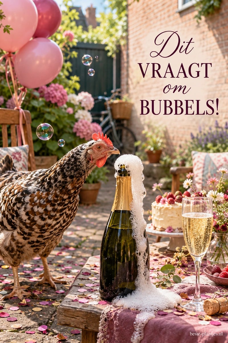 Een kip staat bij een overschuimende fles en een gevuld glas in een feestelijke tuin in de zomer, met de tekst Dit VRAAGT om BUBBELS!