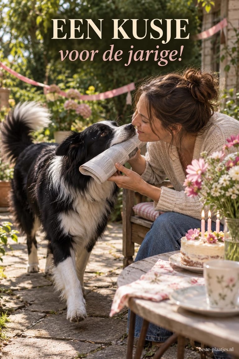 Een zwart-witte hond met een krant raakt de neus van een vrouw naast een verjaardagstaart in de tuin, onder de tekst EEN KUSJE voor de jarige!