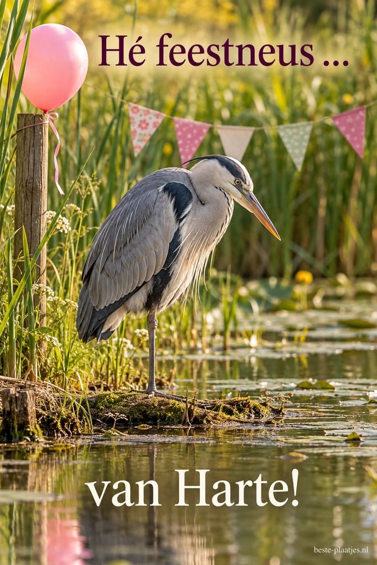 Een reiger staat op één poot aan de waterkant naast een roze ballon en feestvlaggetjes, met de tekst Hé feestneus ... van Harte!