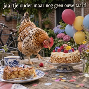 Een kip staat naast een versierde taart op een tuintafel met ballonnen, met de tekst jaartje ouder maar nog geen ouwe taart!