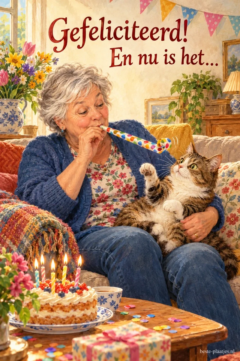 Een vrouw blaast op een feesttoeter met een kat op schoot, naast een tulp en verjaardagstaart, onder Gefeliciteerd! En nu is het...