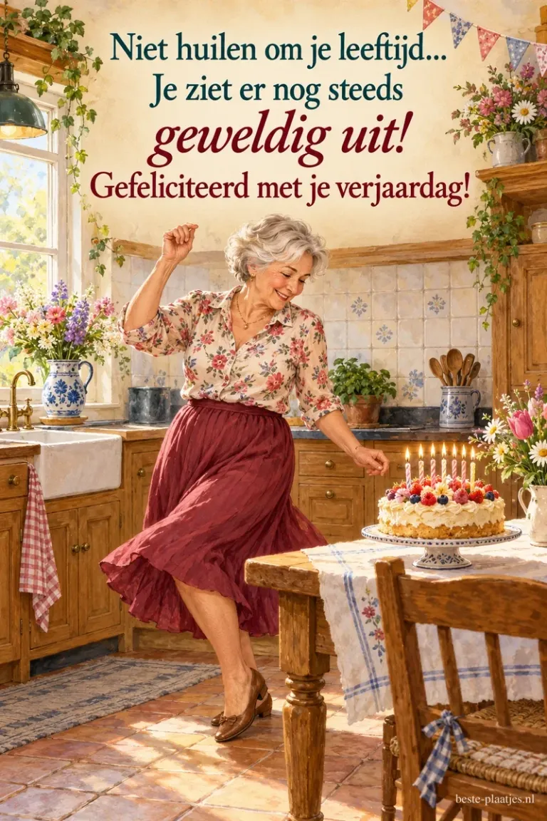 Een vrouw danst naast een taart in de keuken, met de tekst Niet huilen om je leeftijd... Je ziet er nog steeds geweldig uit! Gefeliciteerd met je verjaardag!