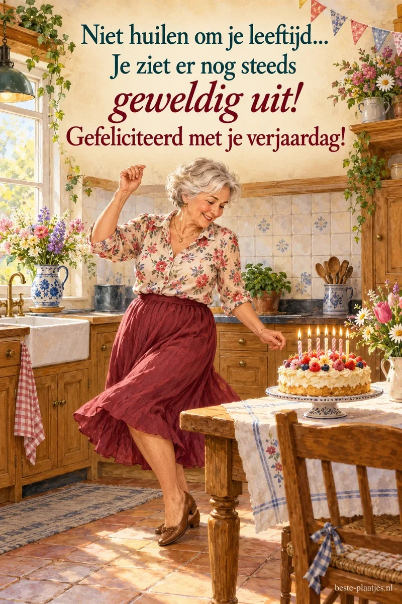 Een vrouw danst naast een taart in de keuken, met de tekst Niet huilen om je leeftijd... Je ziet er nog steeds geweldig uit! Gefeliciteerd met je verjaardag!
