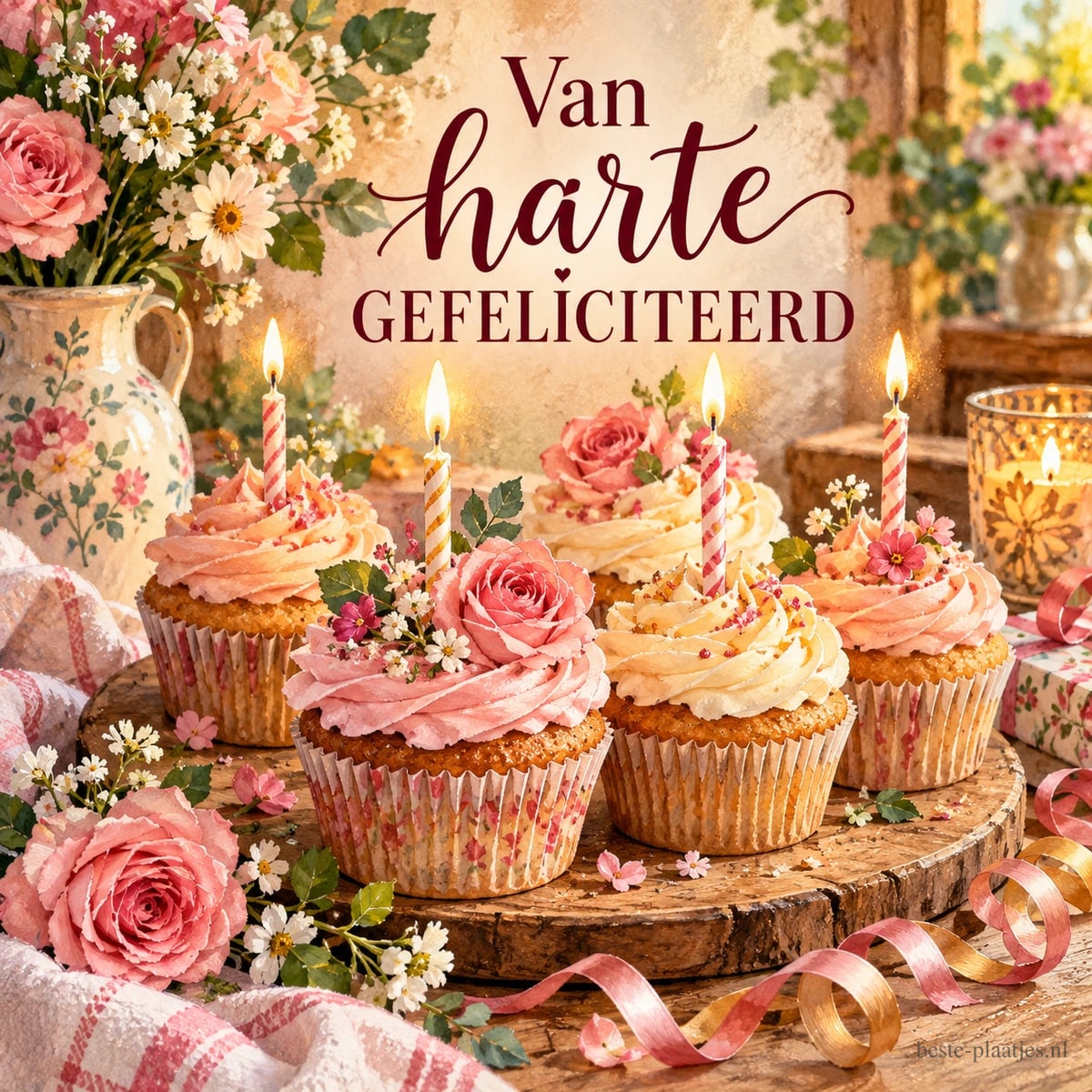 Cupcakes met roze en witte toefjes, rozen en brandende kaarsjes staan op een houten plateau, onder de tekst Van harte GEFELICITEERD.
