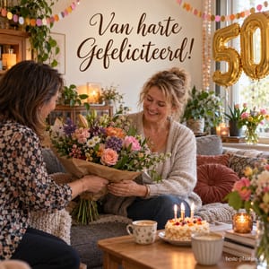 Een vrouw ontvangt een boeket met bloemen uit de lente op haar vijftigste verjaardag, naast gouden cijferballonnen en onder de tekst Van harte Gefeliciteerd!