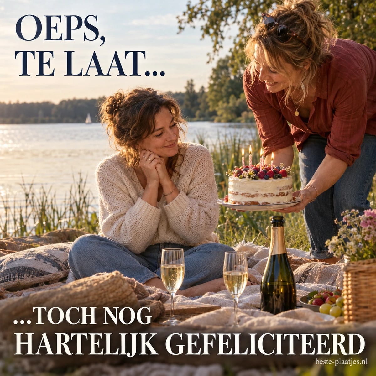 Twee vrouwen genieten in de zomer van een picknick aan het meer, met taart en de tekst OEPS, TE LAAT... ...TOCH NOG HARTELIJK GEFELICITEERD.
