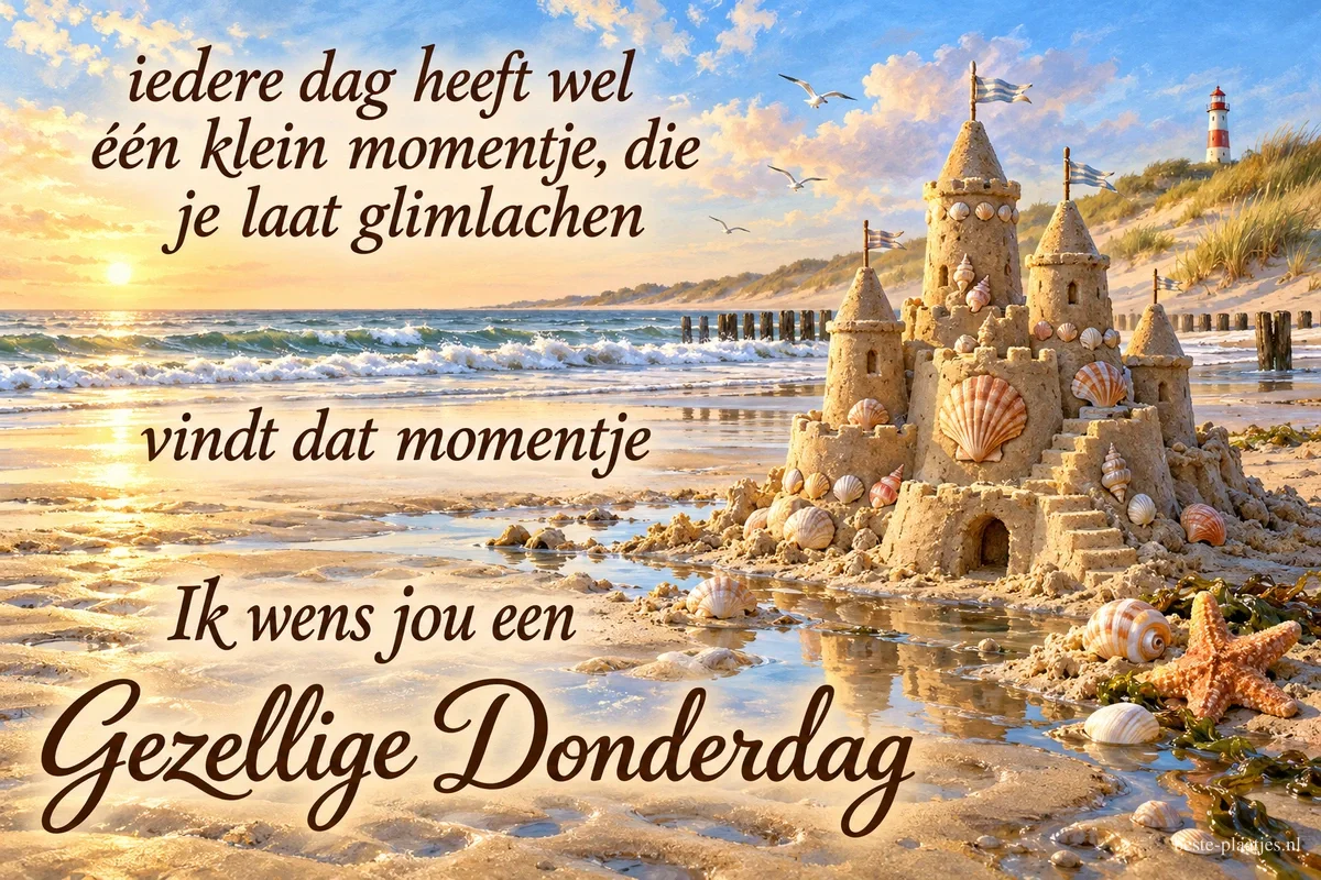 Een zandkasteel in de zomer toont de tekst iedere dag heeft wel één klein momentje, die je laat glimlachen vindt dat momentje Ik wens jou een Gezellige Donderdag.