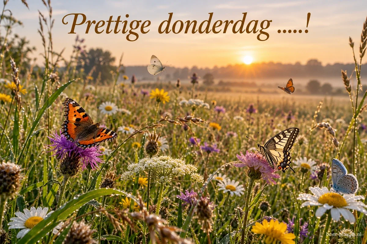 Vlinders rusten op distels en margrieten in een dauwrijke bloemenweide tijdens de zomer, met bovenaan de tekst Prettige donderdag .....!