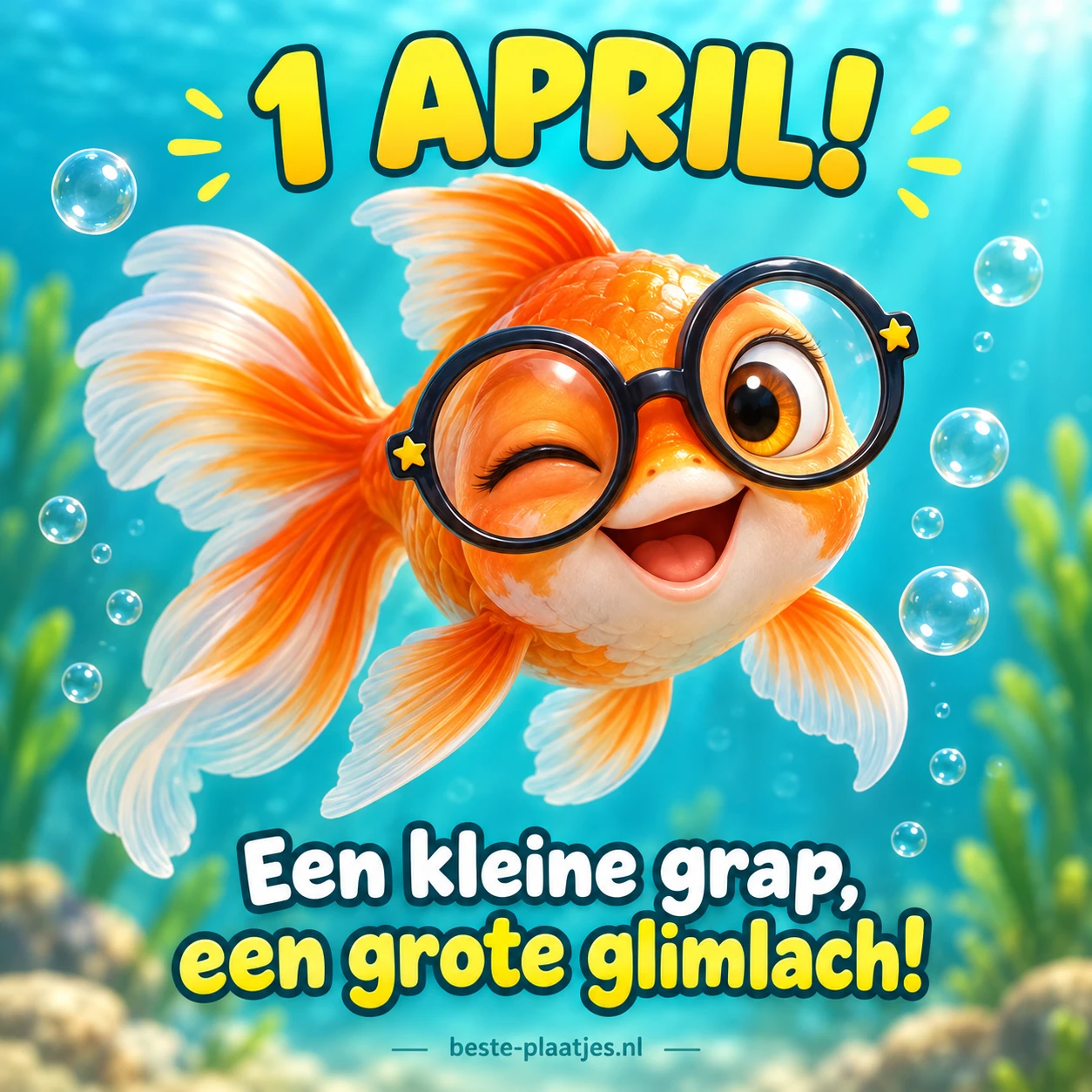 Een vrolijke goudvis met een grote bril en een ondeugende knipoog voor 1 april.