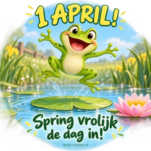 Een groene kikker springt met een brede glimlach boven een waterlelie in een zonnige vijver.