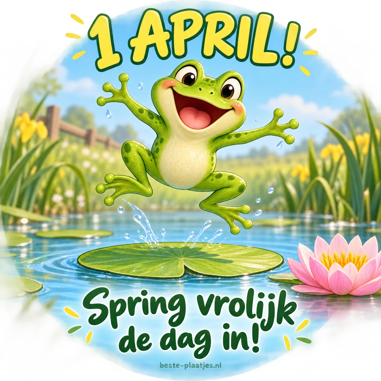 Een groene kikker springt met een brede glimlach boven een waterlelie in een zonnige vijver.