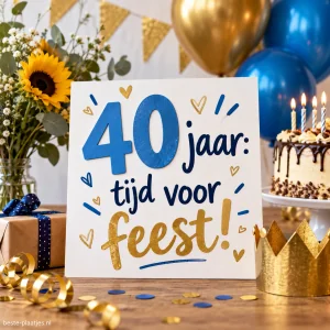 Een feestkaart met blauwe cijfers 40 staat tussen ballonnen, taart en cadeaus.