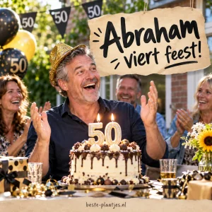 Een lachende man viert zijn vijftigste verjaardag met een taart en gasten.