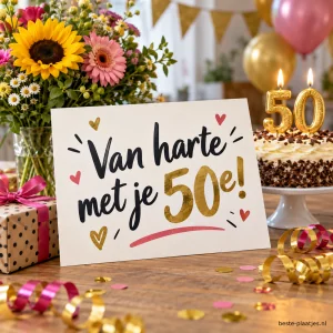 Een felicitatiekaart staat tussen bloemen, ballonnen en een verjaardagstaart.