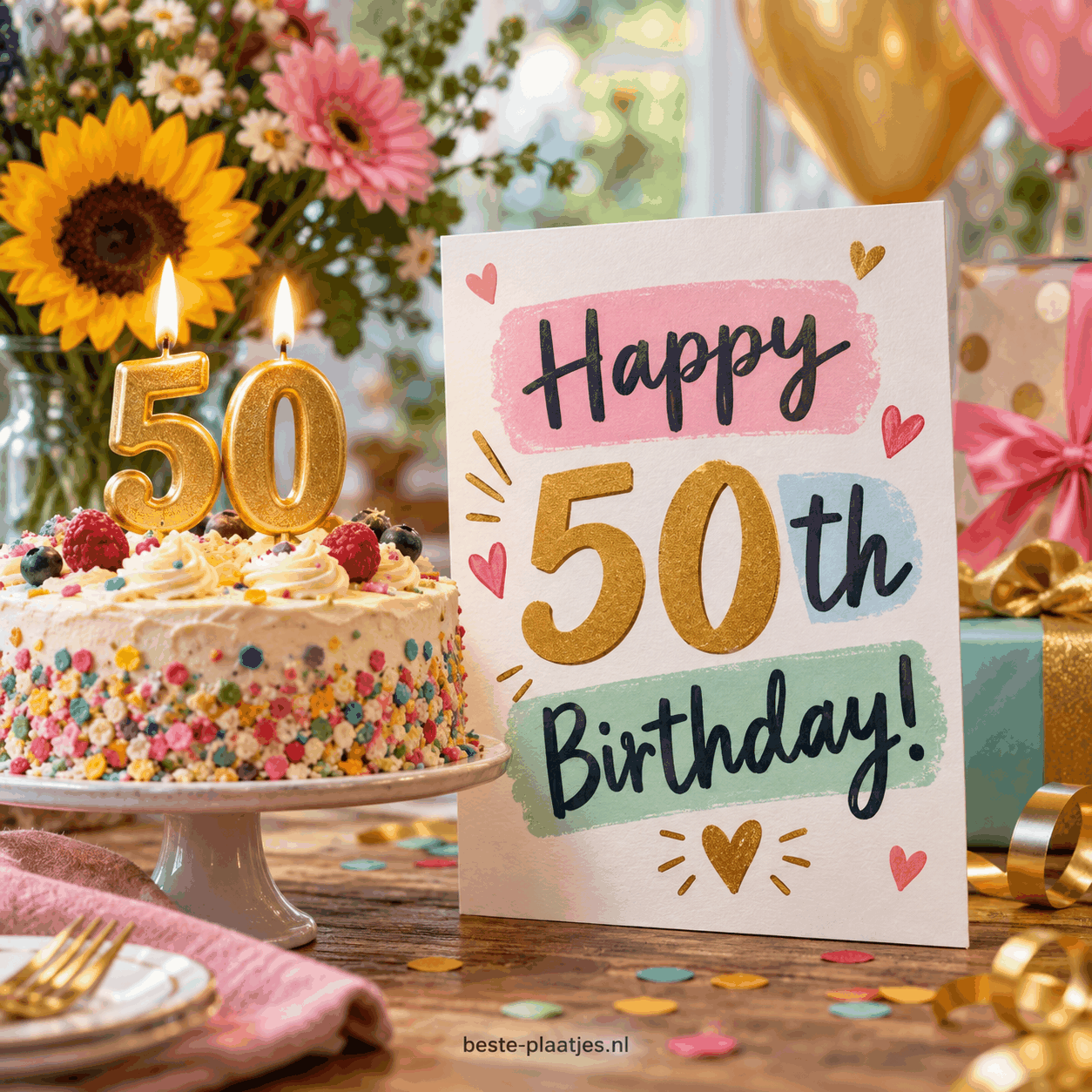 Een kleurrijke verjaardagstaart met kaarsen staat naast een Happy 50th Birthday kaart.