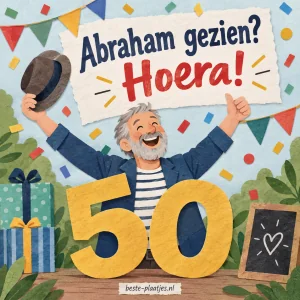 Een vrolijke Abraham staat tussen cadeaus en feestvlaggen bij grote gouden cijfers 50.