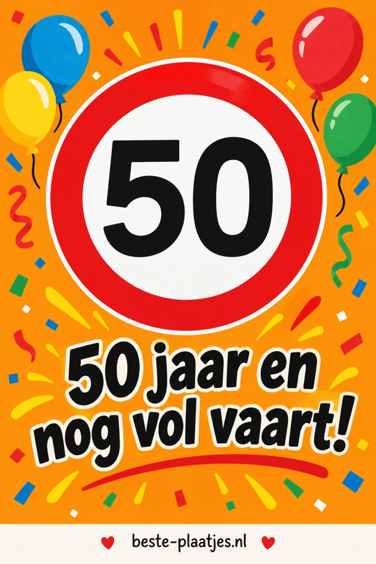 Een rood verkeersbord met het getal 50 staat tussen ballonnen en confetti.