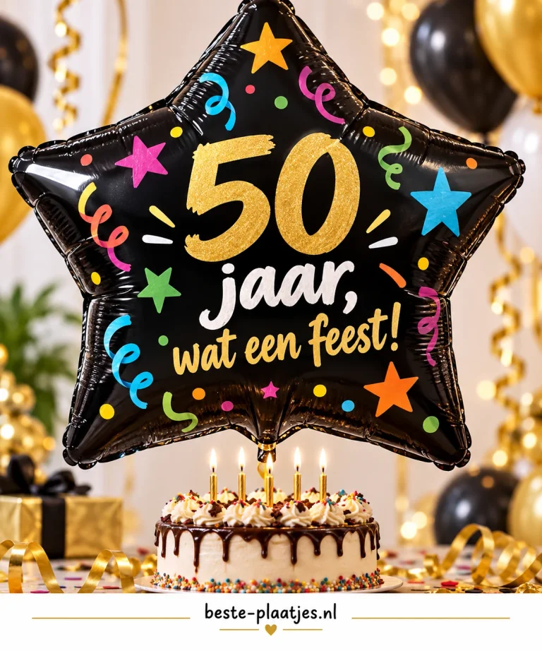 Een zwarte stervormige ballon met het getal 50 hangt boven een verjaardagstaart.