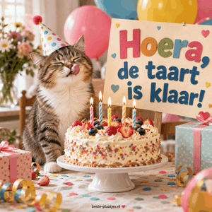 Een kat met een feesthoed zit naast een verjaardagstaart met kaarsen.