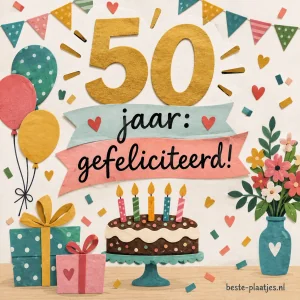 Een kleurrijke felicitatiekaart met taart, cadeaus en bloemen voor een vijftigste verjaardag.
