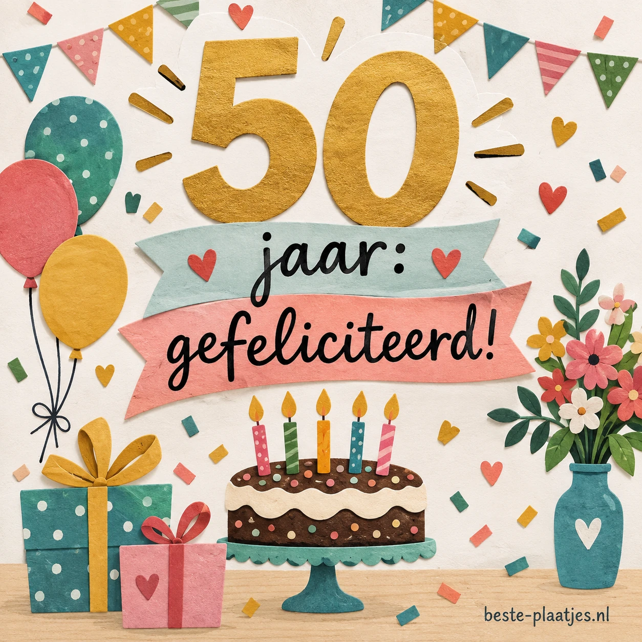 Een kleurrijke felicitatiekaart met taart, cadeaus en bloemen voor een vijftigste verjaardag.