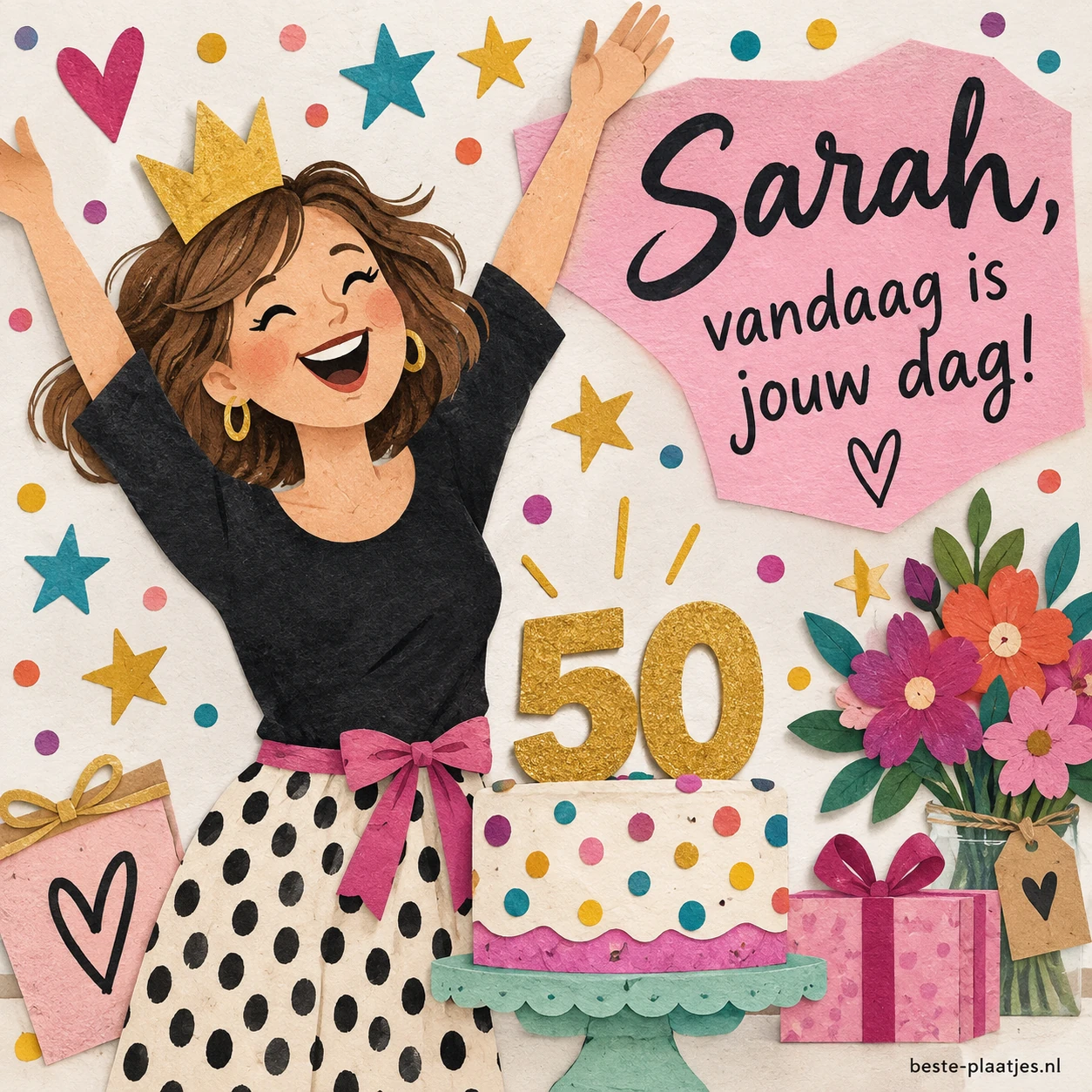 Sarah viert haar vijftigste verjaardag met taart, bloemen en confetti.