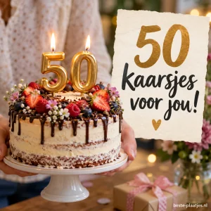Een chocoladetaart met brandende kaarsen in de vorm van 50 staat naast een kaart.