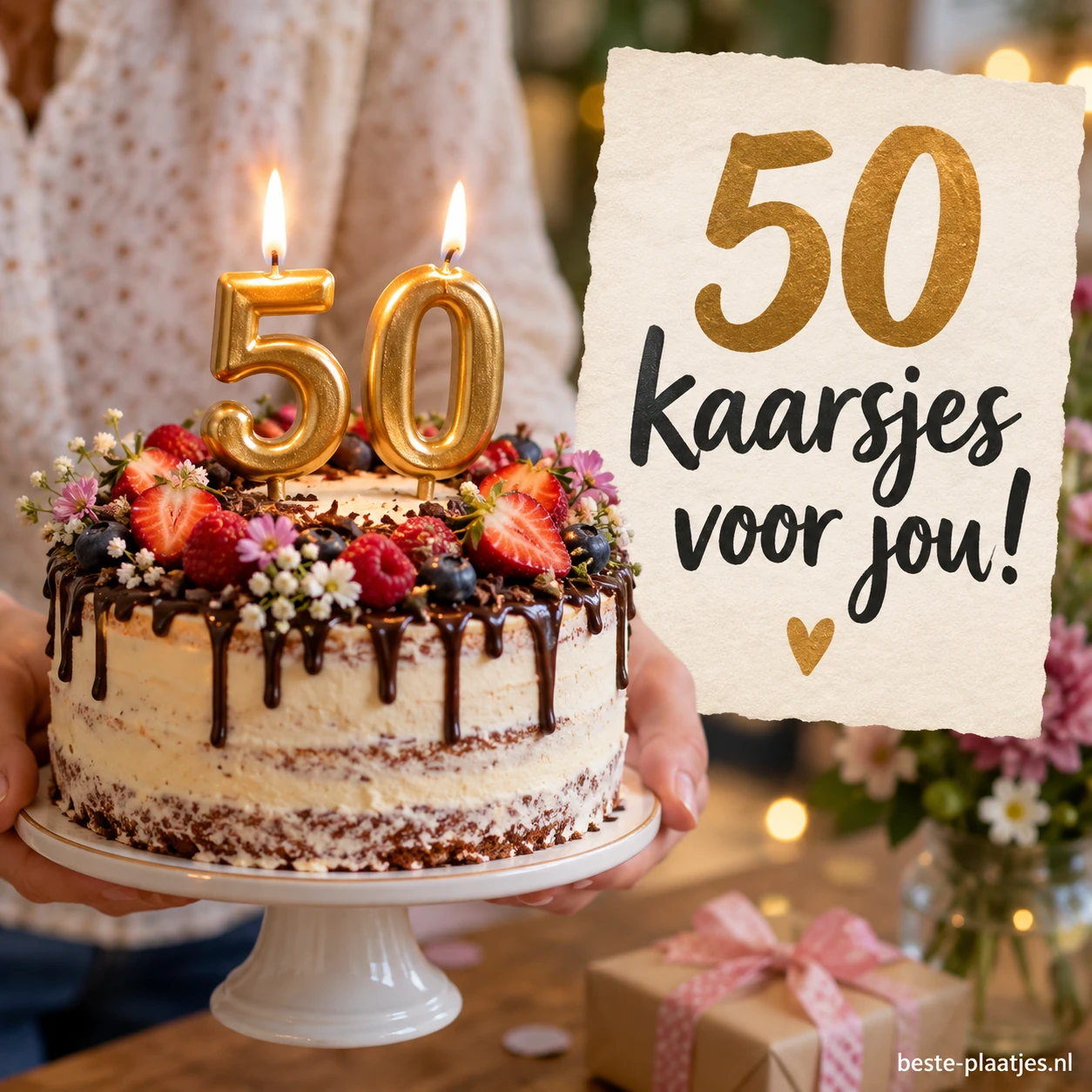 Een chocoladetaart met brandende kaarsen in de vorm van 50 staat naast een kaart.