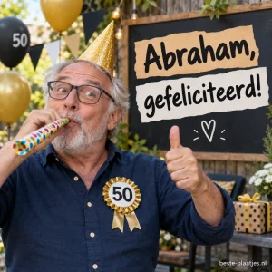 Een vrolijke Abraham met feesthoed en feesttoeter viert zijn verjaardag.