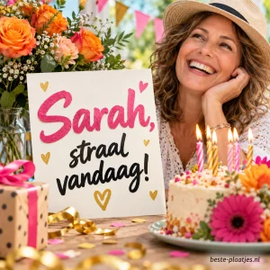 Een stralende Sarah zit tussen bloemen, taart en cadeaus op haar verjaardag.