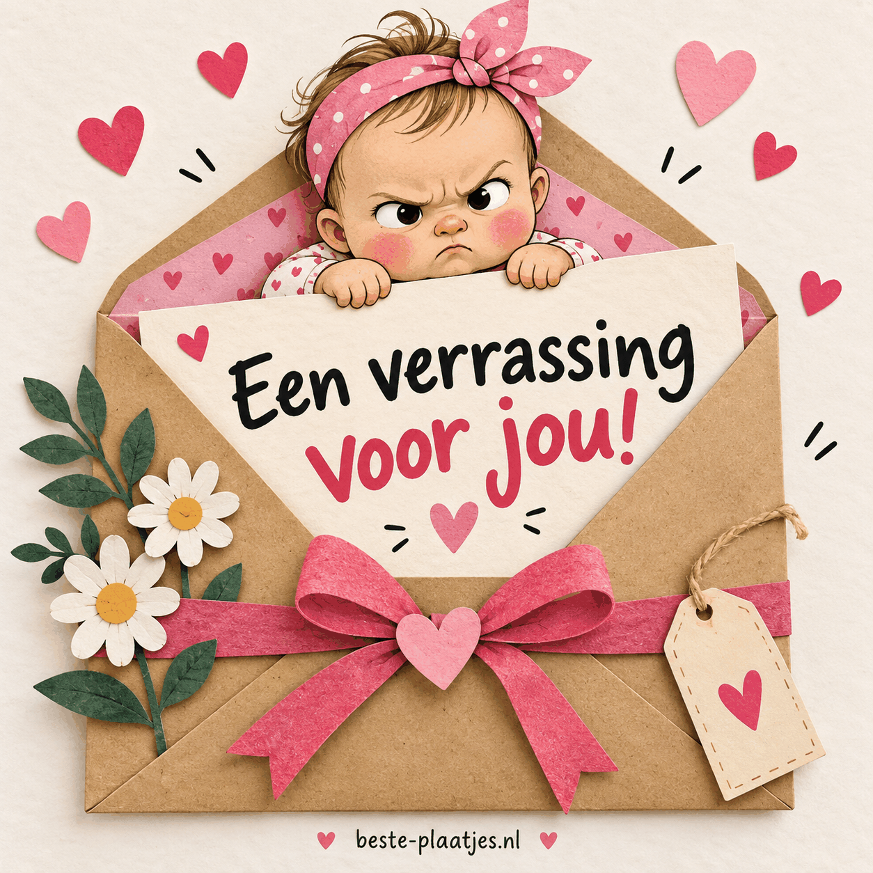 Een kleine baby kijkt over een verrassingskaart in een versierde envelop.
