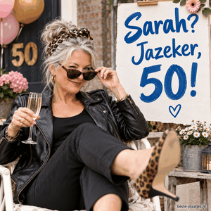 Een stijlvolle Sarah heft een glas bij haar vijftigste verjaardag.