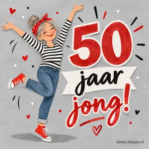 Een blije jarige springt naast grote cijfers 50 en kleurrijke confetti.